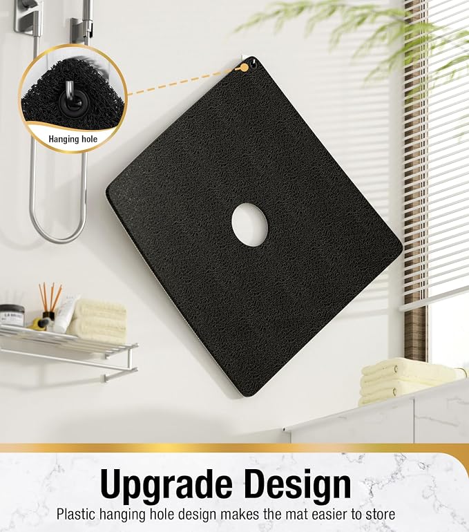 HITSLAM Shower Mat, 24x24 Inch Square Non Slip Bathtub Mat, Soft PVC Loofah Bath Mat for Tub with Hanging Holes, Quick Drying Shower Floor Mat, Without Suction Cups, Black
