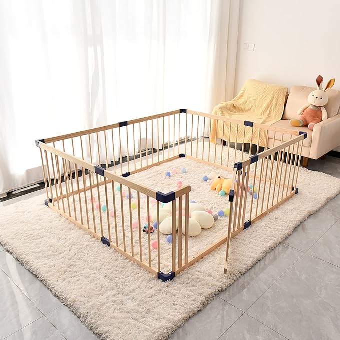 Baby Playpen,Wooden Playpen,Large Wood Adjustable Play Fence,Kid’s Play Space,Wood Baby Playard, Indoor Outdoor Blue Play are with Gate for Infants, Toddlers
