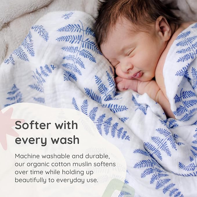 Margaux & May Organic Muslin Baby Swaddle – 100% Organic Cotton, Large 47” x 47” Newborn Swaddle, Soft & Breathable Muslin Swaddle Blanket, Blue Fern and Green Feather