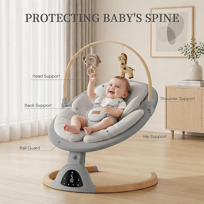 Baby Swings for Infants, TinyGlow Baby Swing, Electric Baby Swing with Remote Control, Portable Infant Swing for Indoor & Outdoor Use (Grey)