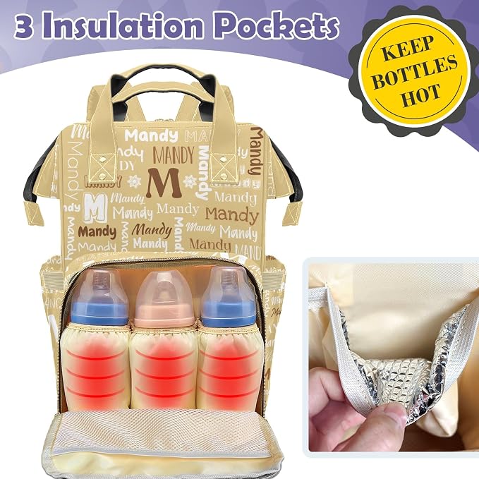 Custom Diaper Bag with Name Personalized Multifunctional Mommy Backpack for Daughter Granddaughter, Yellow Daypack Bag for Travel