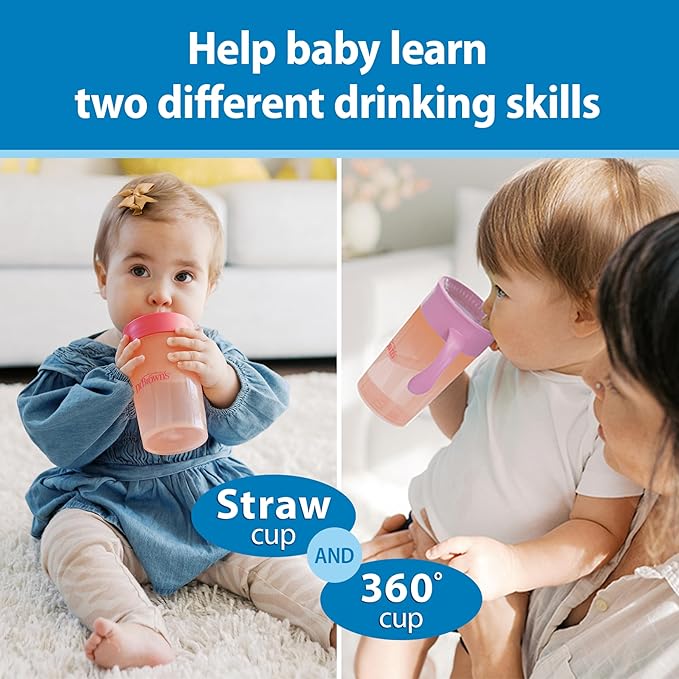 Dr. Brown's Milestones Straw to 360 Convertible Toddler Training Cup Set with Interchangeable Silicone Straw and 360 Degree Cup Lids, Pink Coral, 10 oz/300 mL, BPA-Free, 9m+, 2-Pack