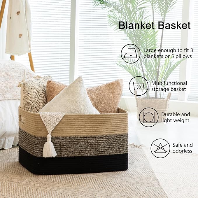 OIAHOMY Large Blanket Basket, 22?�x17?�x12??Rectangle Woven Baskets, Nursery Blanket Storage Living Room, Toy Storage With Handle, Large Baskets for Organizing-Yellow Black
