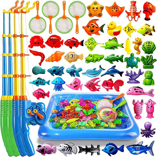 CozyBomB??Magnetic Fishing Toys Game Set for Kids | Water Table Bathtub Kiddie Pool Party Pole Rod Net, Outdoor Plastic Floating Fish, Toddler Bath Color Ocean Sea Animals Birthday Gift Age 3-5 6 4-8