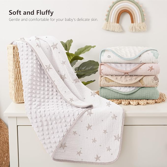 Susurration Baby Blanket for Unisex Boys Girls, 2 Pack Soft Fluffy Crib Blankets with Muslin Cotton Front and Dotted Fleece Back, Receiving Blanket for Baby Newborn Infant, 30x40inch, Beige Star&Grey