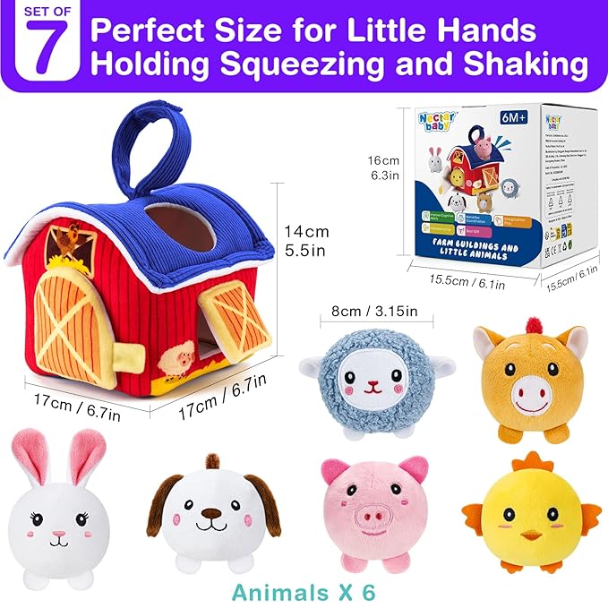 Montessori Sensory Toys for Baby - First Surprise Barn with 6 Stuffed Farm Animals - Rattles, Crinkles, Squeak, Mirror - 6-12 Months Infant &1-3 Years Toddler boy Girl Gifts & Travel Toy