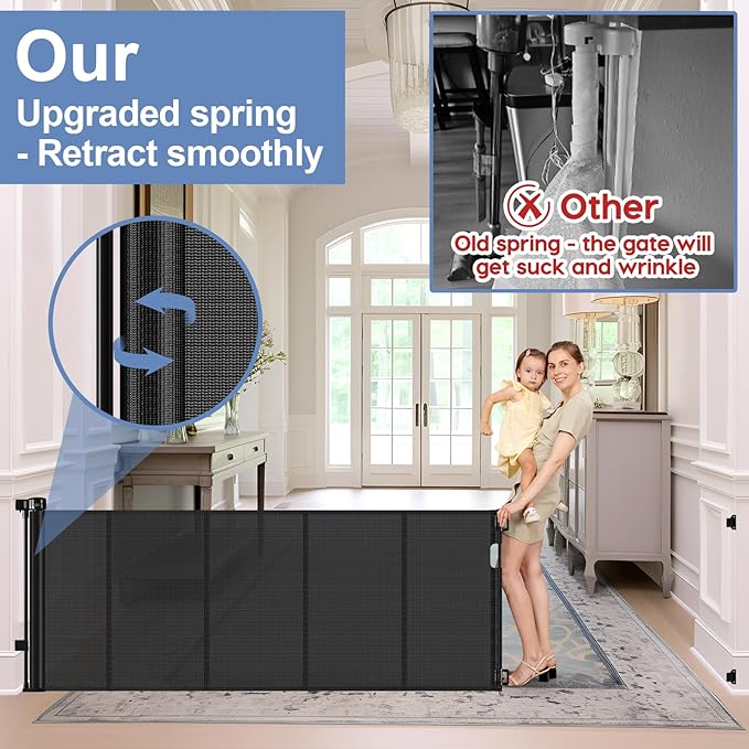 Reinforced 120 Inch Extra Long Retractable Dog Gates for Doorways Extra Wide Pet Gate Indoor 10 Ft Retractable Baby Gates for Dogs 33 Inch Tall Mesh Baby Gate Long with Reinforced Strips, Black