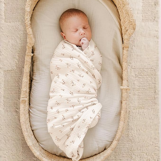 Konssy Muslin Swaddle Blankets for Girls Boys, 2 Pack Receiving Baby Blanket Large 47 x 47 inches, Soft Breathable Swaddling Wrap for Unisex Newborn (Pink Sun,Khaki Leaf)
