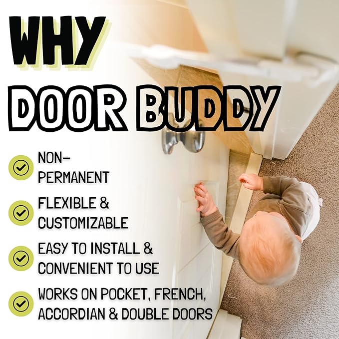 Door Buddy Child Proof Door Lock & Cat Door Stopper. Adjustable Door Strap Latch to Baby Proof Door & Keep Toddler out of Cat Food & Litter Box. Easy Pet & Baby Gate with Cat Door Interior Alternative