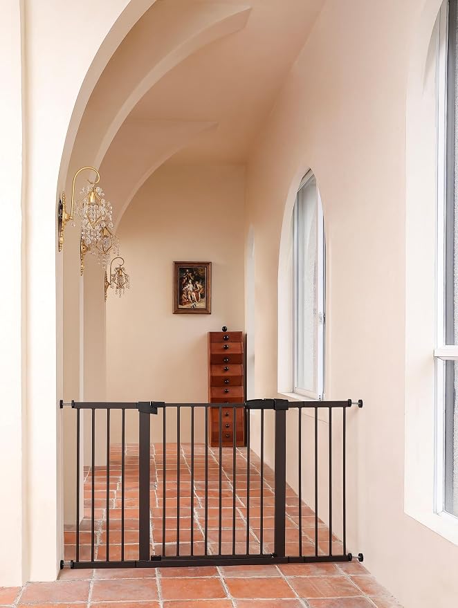55.98"-58.15" Baby and Pet Safety Gate, 30" Tall Metal Walk-Thru Gate for Doorways & Stairs, Easy One-Hand Open, Dual Lock, Extensions & Wall Mounts Included (Brown, 29"-57" W x 30.5“H)
