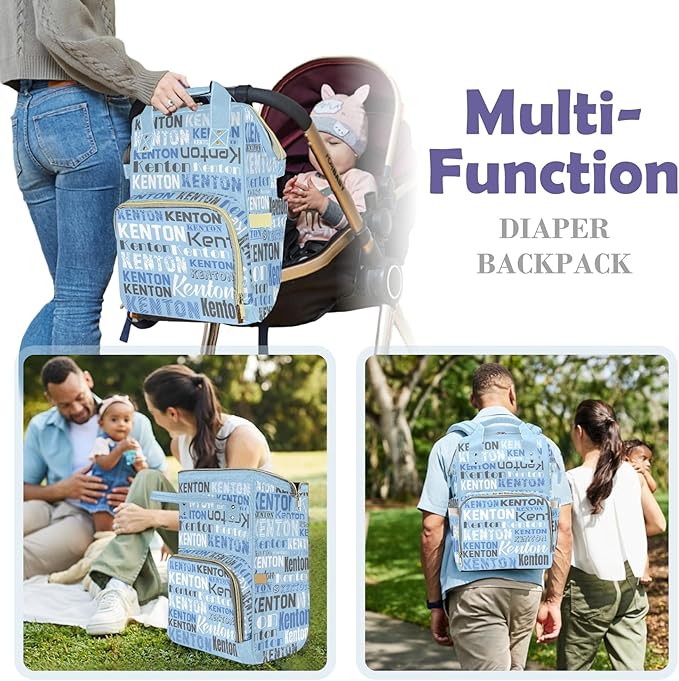 Personalized Diaper Bag Backpack for Baby Boy with Name, Light Blue Custom Nappy Nursing Bag for Moms Dads, Nylon, Customized Gift, Large Capacity, Waterproof, Multifunctional