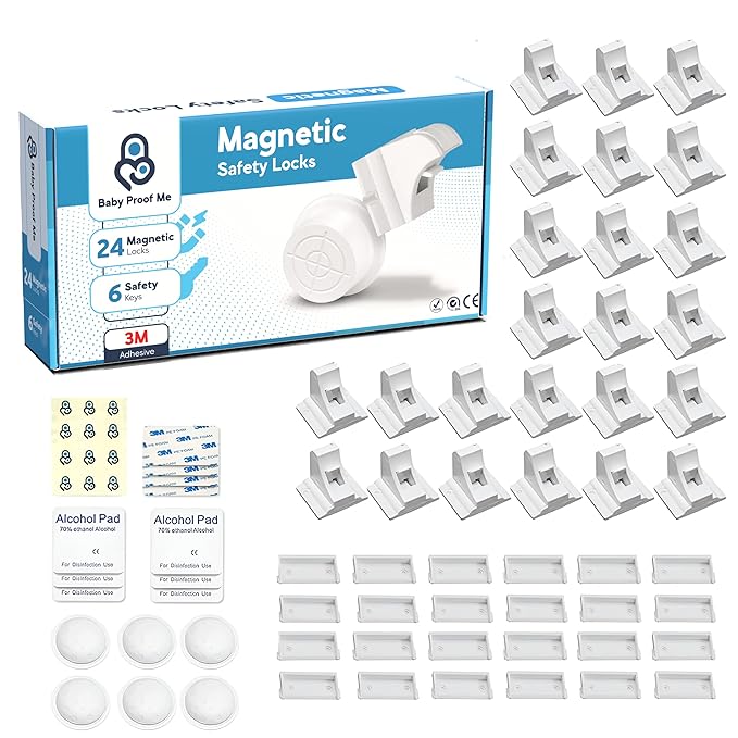Baby Proof Me 24-Pack Magnetic Cabinet Locks, Baby Proofing Child Safety Locks with 6 Keys, No-Drill 3M Adhesive for Cabinets & Drawers