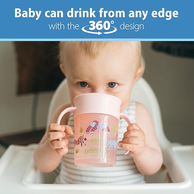 Dr. Brown's Milestones Cheers 360 Spoutless Transition Cup with Handles, Travel Friendly and Leak Free Sippy for Babies and Toddlers, Pink Animals, BPA-Free, 7 oz/200 mL, 6m+, 1-Pack