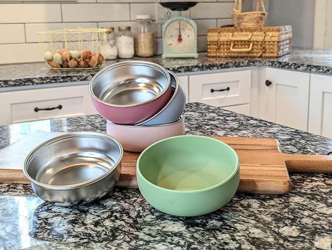 Monkey Proof??Non-Toxic Stainless Steel Child Bowl 5??with Non-Slip Silicone Shell, Multi-color, (Set of 4 bowls) Unbreakable, Mess Free Feeding for Babies, Toddlers, Kids, BPA free