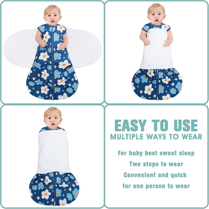 BSTOPPT Newborn Sleep Sack Baby Swaddle,3-Way Adjustable Wearable Blanket,100% Rayon Cotton Swaddling Sleeping Bag，TOG 0.5 (Gerbera & Tulips, 6-12 Months)