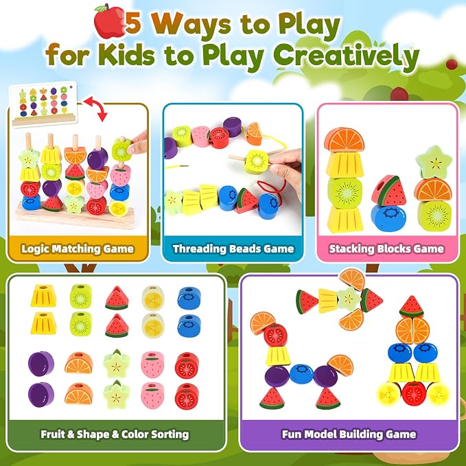 Montessori Wooden Beads Stacking Toys: 2 3 4 Year Old Boys Girls Birthday Gifts - Toddler Sequence Game & Sorting Blocks & Lacing & Matching Shape - Preschool Learning Activities for 2-5 Years Kids
