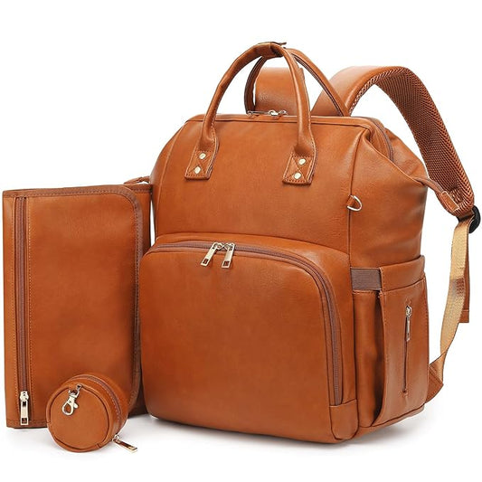 ROSEGIN Premium Vegan Leather Diaper Bag Backpack with Waterproof Changing Pad ??Reinforced Stitching & Zippers, Baby Bag for Boy Girl, Stroller Straps, Ergonomic Design for Traveling Moms, Brown