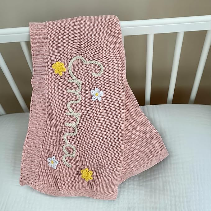Luxury Personalized Name Baby Blanket, Hand-Embroidered Name Baby Blanket, Soft Breathable Cotton Knit Kids Blankets, Newborn Kid Gift, New Mom Gifts, Newborn Kids Girl & Boy Gift 13