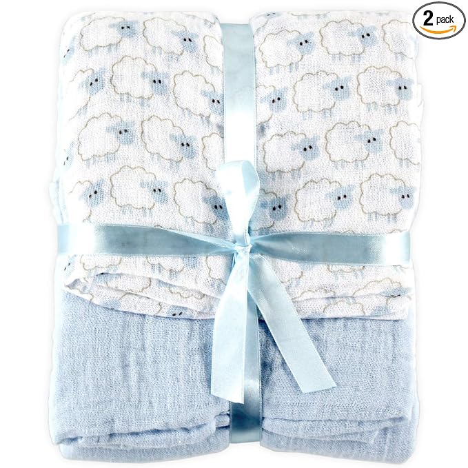 Hudson Baby Unisex Baby Cotton Muslin Swaddle Blankets, Blue Sheep, 2-Pack