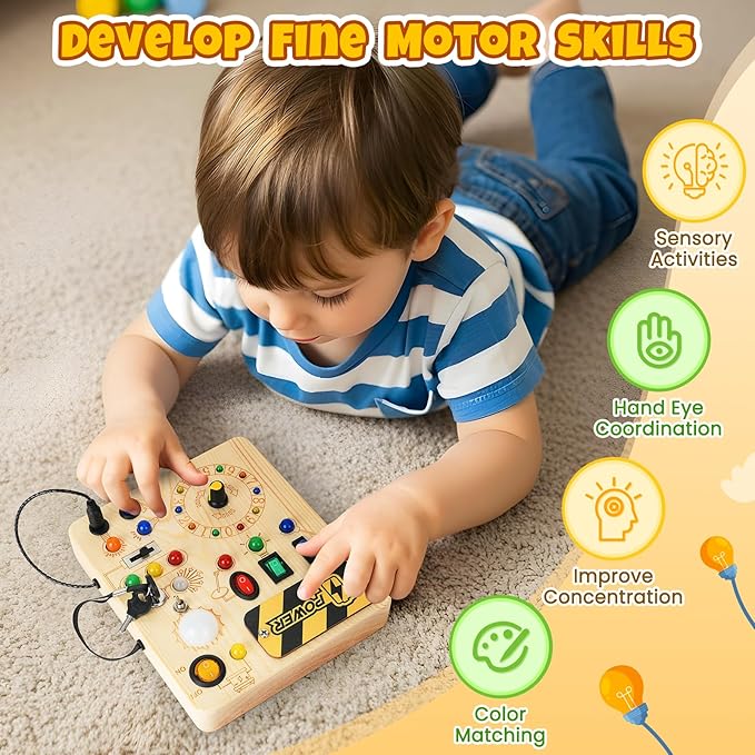 Busy Board, Montessori Toys for 1+ Year Old, Busy Board with 13 Led Light, Wooden Toddler Educational Travel Toy, 1 Year Old Boy&Girl Gifts