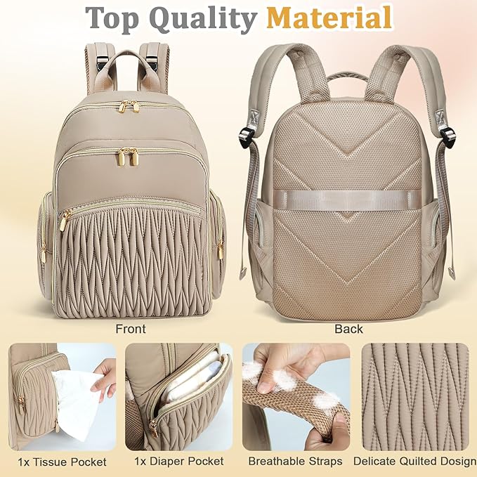 Miss Fong Diaper Bag Backpack - Quilted Travel Baby Bag with Changing Pad, 16 Pockets, Waterproof, Large Capacity - Mommy Backpack for Baby Shower Gifts (Khaki)