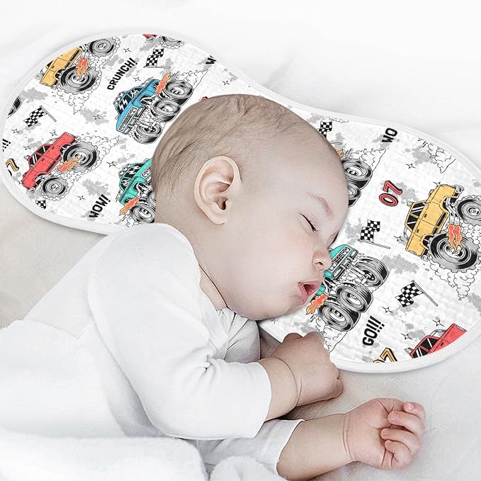 Muslin Burp Cloths for Baby Boys and Girls - 2-Pack Ultra Absorbent Monster Trucks Muslin Washcloths, Newborn Towel, Milk Spit Up Rags, Burp Cloth Bibs for Unisex, 22 x 11 Inch