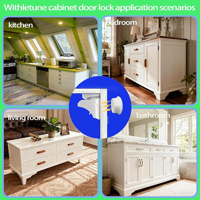 Magnetic Cabinet Locks Baby Proofing (24 Locks + 6 Keys) - Baby Latches for Cabinets, Suitable for Kitchens Cabinets, Drawer and Dresser - No Drilling Required, Adhesive Installation