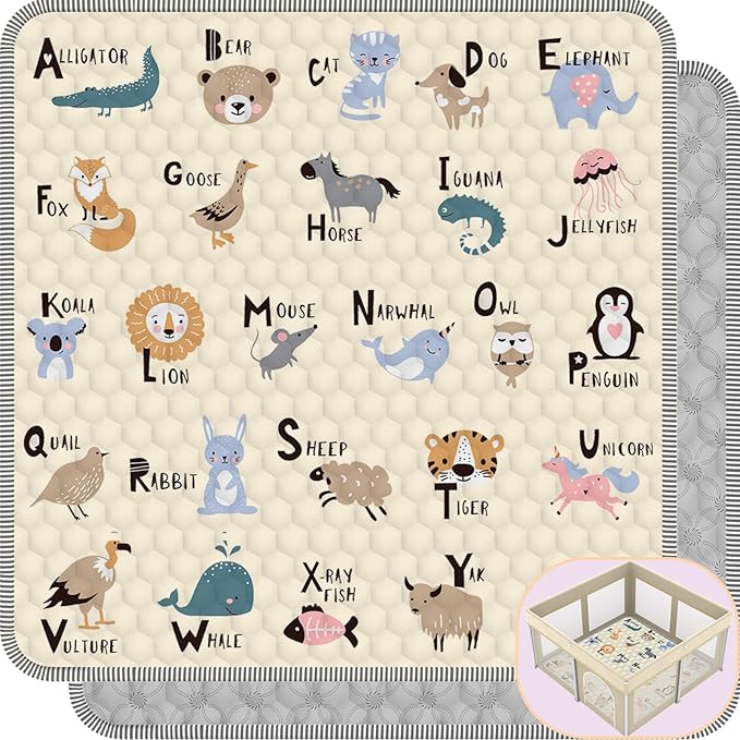 Baby Play Mat for Floor, 50x50 Playpen Mat, Soft Portable, Non-Slip Crawling Mat Machine Washable Foldable Playmate for Babies,Toddlers, Infants Indoor/Outdoor Use, Alphabet & Animal Design