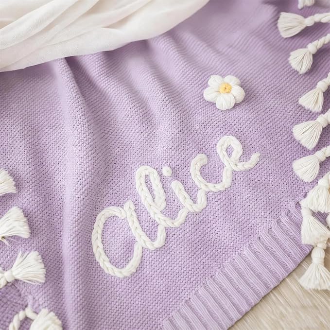 Personalized Hand Embroidered Knit Baby Blanket with Name,Custom Breathable Cotton Nursery Blankets,Newborn Gifts(30x40 inch)