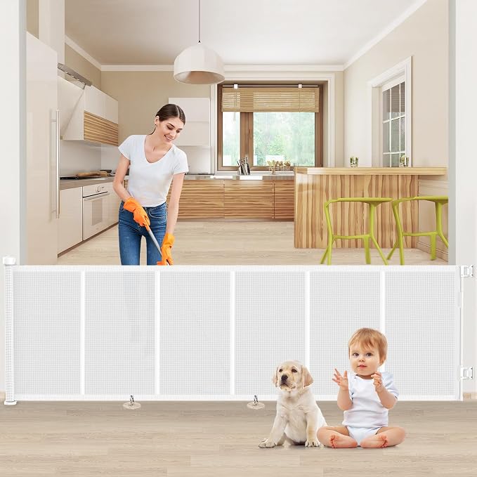 Upgrade 120 inch Retractable Baby Gates, EZIGO Extra Wide Baby Gate for Large Opening Extra Long Mesh Gate for Kids or Pet Dog Gate Child Safety Gate for Stairs Hallways Doorway Indoor Outdoor, White