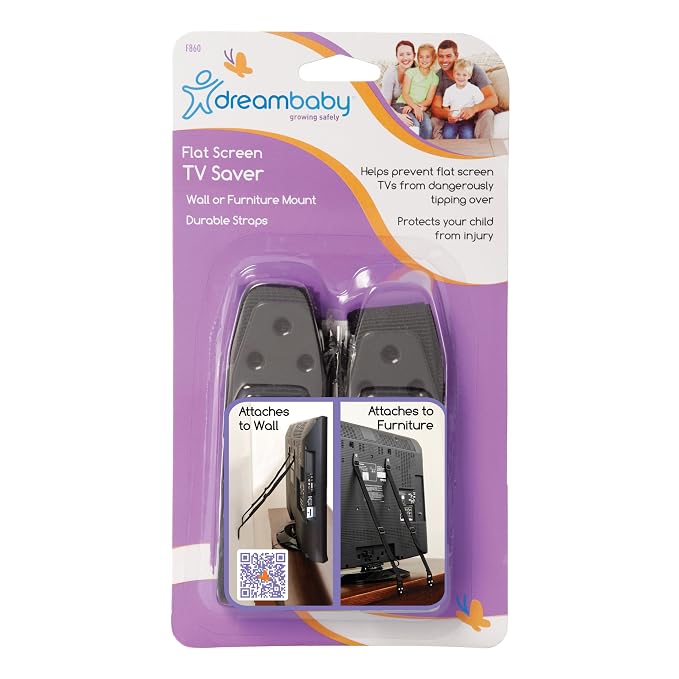 Dreambaby Flat Screen TV Saver Child Safety Straps - Anti-Tip Furniture Security Anchors - Adjustable Strap - Black - Model L860 (Pack of 2)