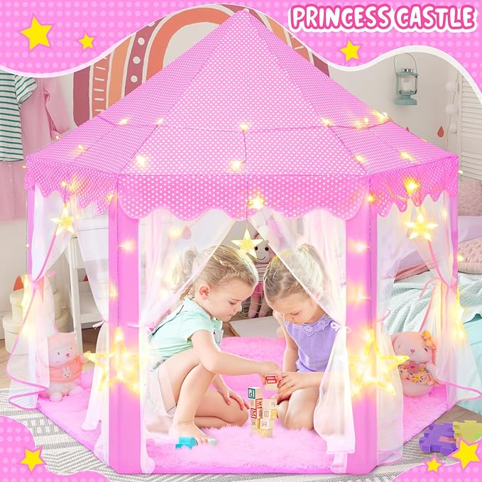 Pink Princess Tent for Girls, Kids Play Tent with LED Large Star Lights, Castle Playhouse Tent for Children Toddlers Indoor Outdoor Games, 55×53 Inches