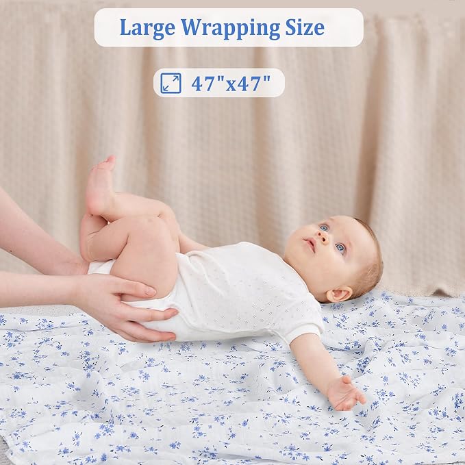 Viviland Muslin Swaddle Blanket, Baby Swaddle Blanket for Boys & Girls, Nursery Receiving Blanket for Newborn, Baby Swaddle Wrap Soft Silky & Breathable, 4 Packs, 47 X 47In, Blue Floral
