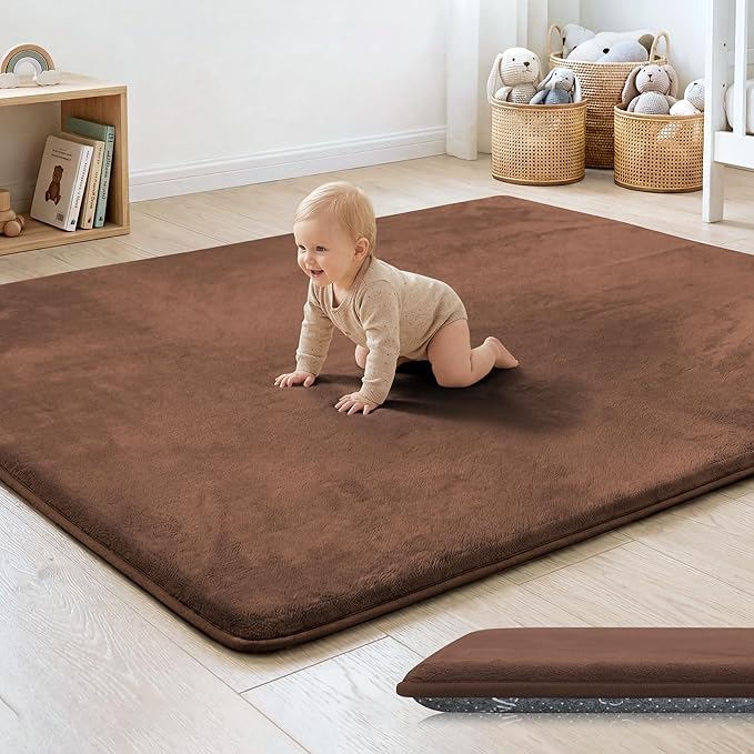 1.3" Thick Baby Floor Play Mat 50x50, Basic Padded Foam Mat for Tummy Time Crawling, Non Slip Cushioned for Babies Toddlers Infants Kids (Brown)