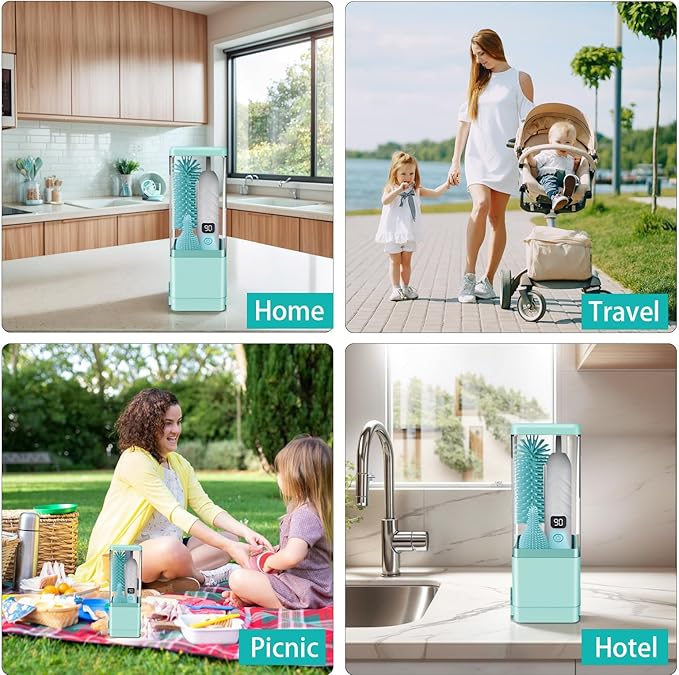 Electric Bottle Brush Cleaner, Portable & Rechargeable Electric Baby Bottle Brush Travel Kit??Nipple & Baby Straw Cleaner Brush,UV sterilized for Moms (Green)