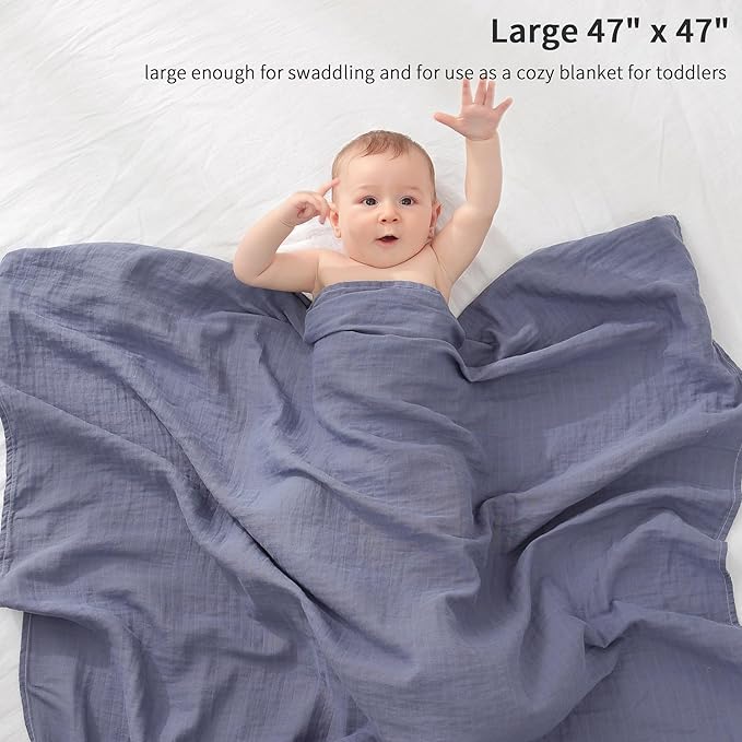 POMISO Muslin Swaddle Blankets for Boys & Girls, Newborn Receiving Blankets, 4 Pack Soft Breathable Baby Swaddles, Large 47x47 Inches, Grey Blue White Green