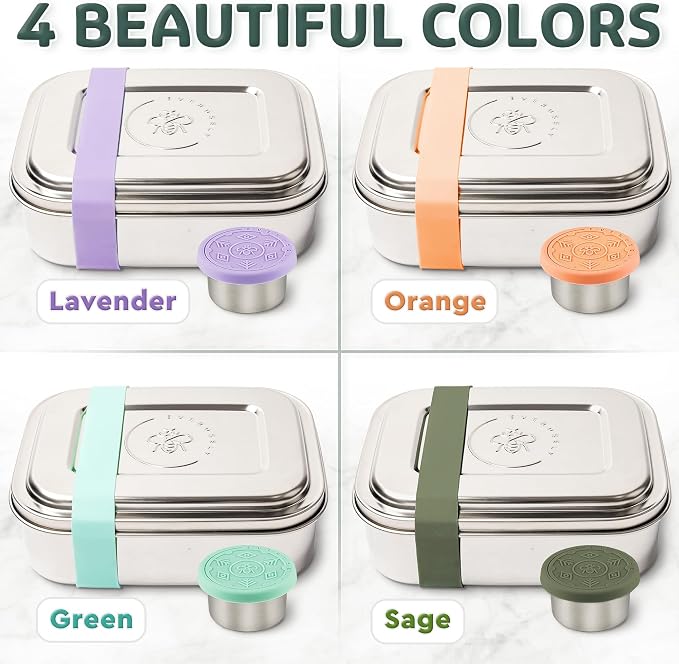 Everusely - Bento Box - Sage, 47oz / 1.4 L - Large Stainless Steel Lunch Box with Leakproof Condiment Container - 3 Compartment Snack Organizer for On the Go Meals - Freezer & Dishwasher Safe