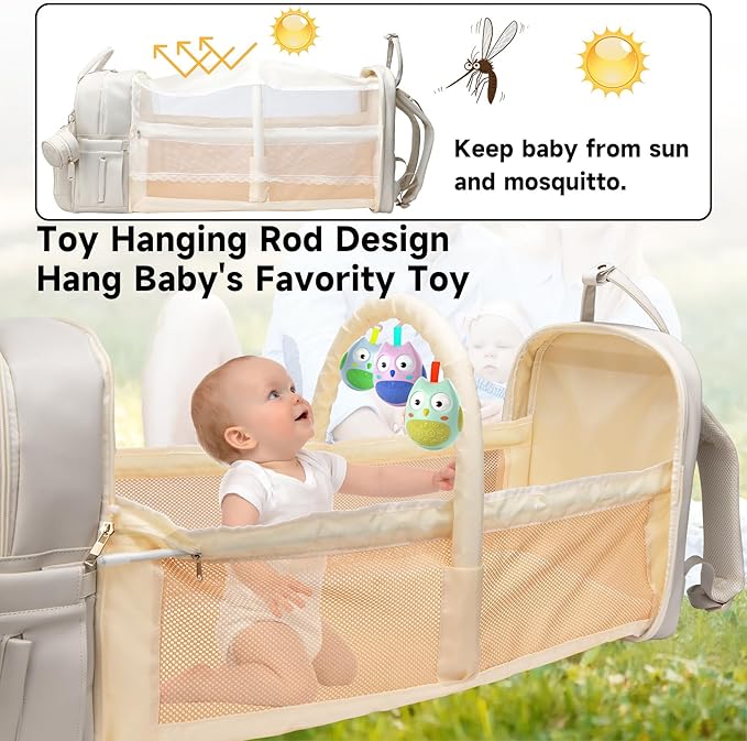 Leather Diaper Bags with Changing Station，Baby Bag，Large Capacity Diaper Bag Backpack for Moms Dads,Waterproof Diaper Backpack（Beige）