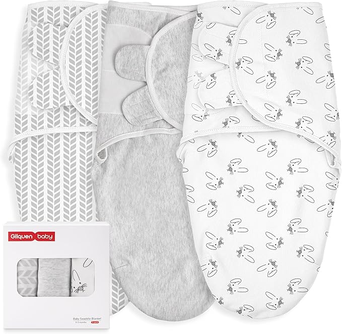 GLLQUEN BABY 3 Pack Newborn Swaddle - Baby Swaddle 0-3 Months for Baby Boys and Grils, Adjustable Sleep Sack for Newborns, Stripes & Bunnies, Swaddling Blankets