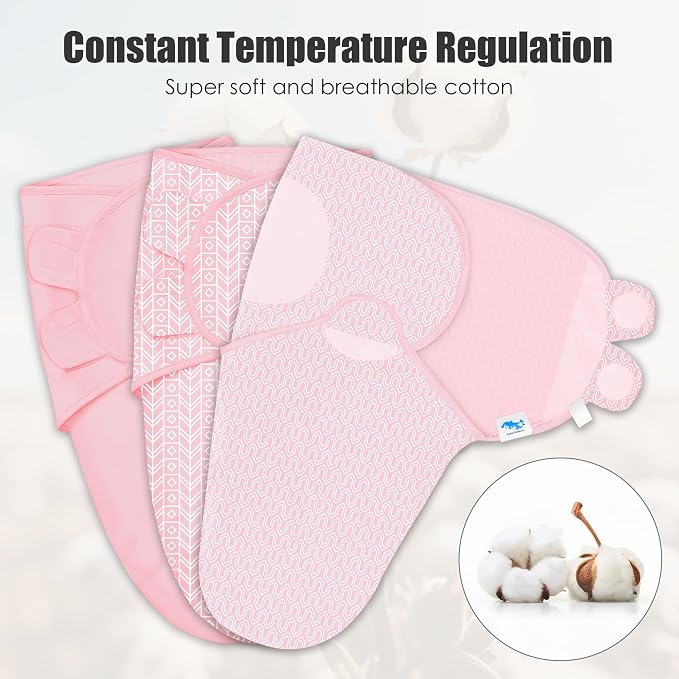 SWEET DOLPHIN 3-Pack Baby Swaddle Sleep Sacks - Newborn Swaddle Blanket with Soft Cotton - Ergonomic Wrap for Boys and Girls, 0-3 Months, Pink