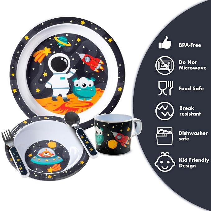 Bentology 5 Pc Mealtime Set for Kids -Space Theme -Includes Raised Edge Plate & Bowl, Cup, Metal Fork & Spoon -Dishwasher Safe, BPA Free- Cute Durable Dish, Easy Self-Feeding- Gift for Toddlers