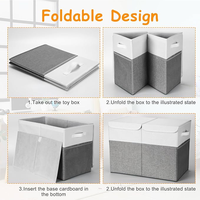 3 Pack Large Storage Bins Set 23" Toy Chest Storage with Lids and 11" Cubes Organizer Bins for Kids Bedroom Closet Shelf Organizer for Clothes Blankets Nursery Playroom(Grey White)