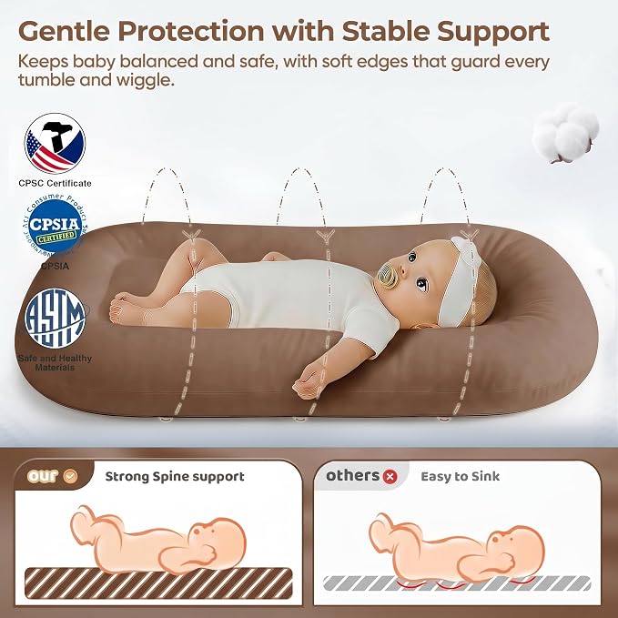 Infant Support Cushion - Baby Support Cushion for Newborn, 0-24 Months, Breathable Cotton Tummy Time Mat, Supervised Use, Portable Newborn Essentials for Home and Travel, Brown (Cover Included)