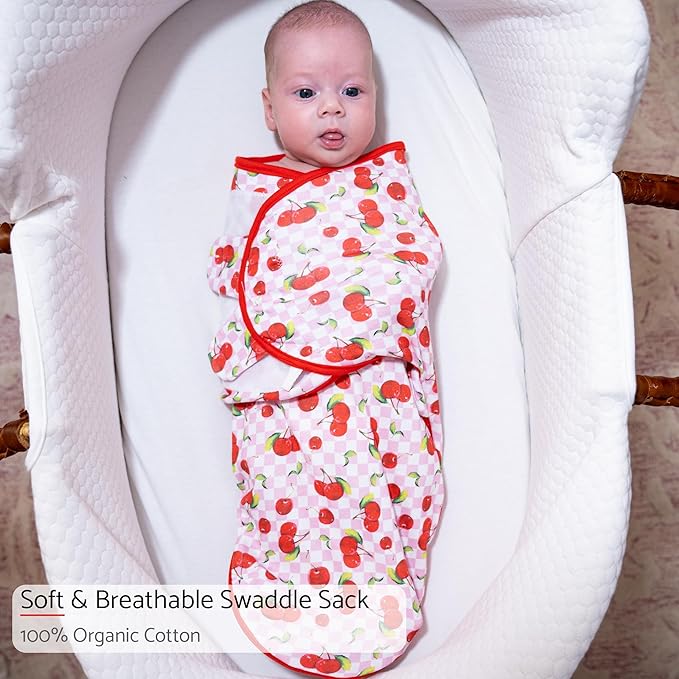 LollyBanks Baby Swaddles, 100% Cotton Baby Girl Sleep Swaddle, 0-3 Months Swaddle Sack for Girls with Easy Change Zipper, Newborn Sleep Swaddles Nursery Swaddling Blankets (Cherry Print)