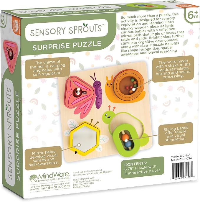 MindWare Sensory Sprouts Surprise Puzzle - Wooden Baby Puzzle with Mirror, Bells & Beads - Educational Toy for Infants & Toddlers 6+ Months Montessori Baby Toy