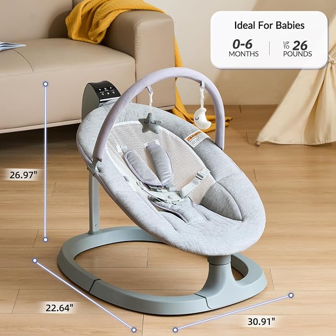 VaVaSoo 2-in-1 Electric Baby Swing, Dual-Arm Support Tollder Chair up to 66 lbs for Enhanced Stability, 3 Swing Motions & 8 Soothing Sounds, 2 Adjustable Height, Light Grey