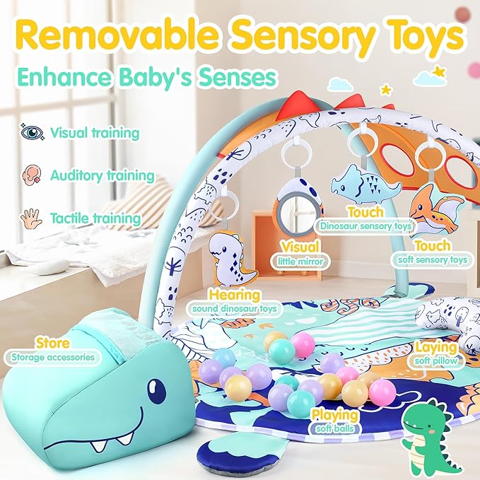 WeeHomm 5-in-1 Baby Play Mat - Dinosaur Themed Activity Gym for Babies 0-6 Months with Ball Pit, Detachable Sensory Toys, Pillow, Machine Washable