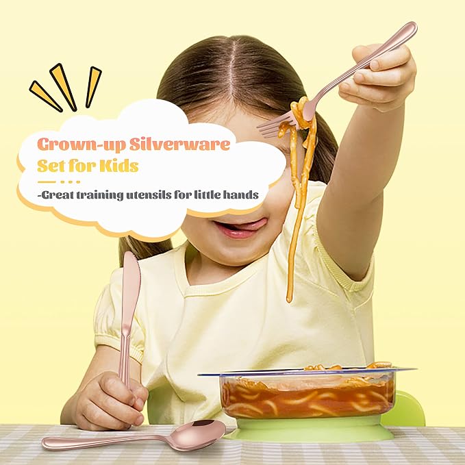 12-Piece Copper Kids Silverware, E-far Stainless Steel Toddler Kids Utensils Safe for Preschooler/Children, Includes 4 Forks 4 Spoons 4 Knife, Slimline Look & Small Size, Rust Free