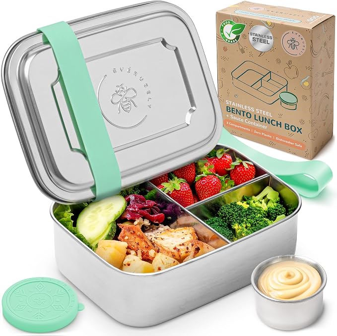 Everusely - Bento Box - Green, 37oz / 1.1 L - Stainless Steel Lunch Box with Leakproof Condiment Container - 3 Compartment Snack Organizer for On the Go Meals - Freezer & Dishwasher Safe
