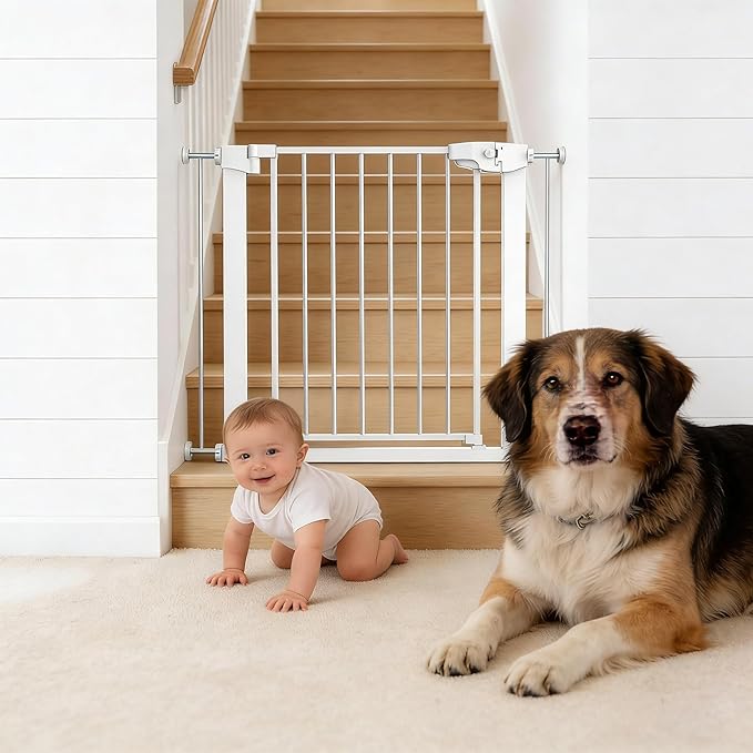 Easy Step Walk-Thru Baby Gate ??Adjustable Safety Gate for Babies & Pets, Pressure Mount Kit, Includes Wall Cups ??29.7-32W x 30.5H, Auto-Close White